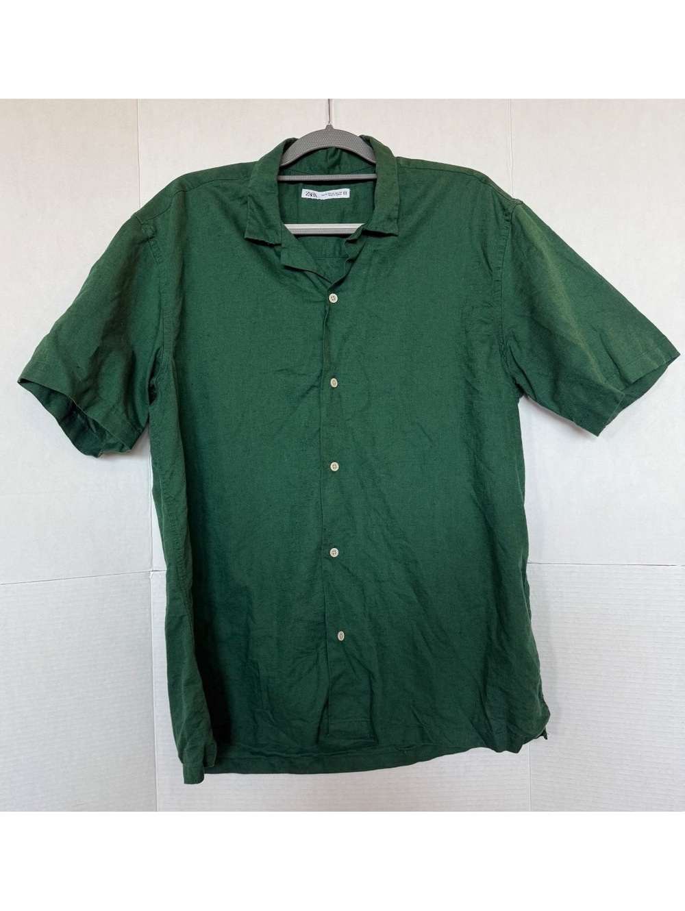 ZARA Men's Green Linen Short Sleeve Button-Up Shirt XL
